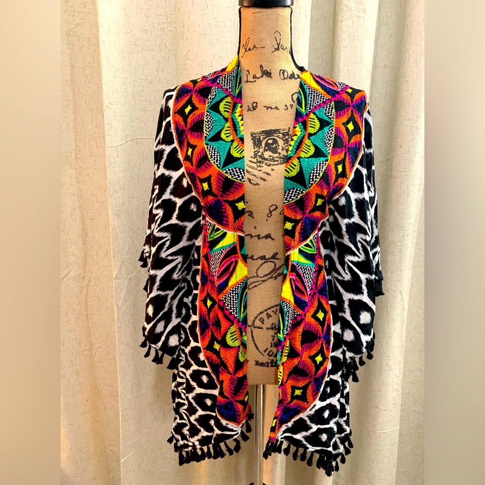 Trina Turk Africana Printed Kimono Swim Cover Up Tassels Beach One Size